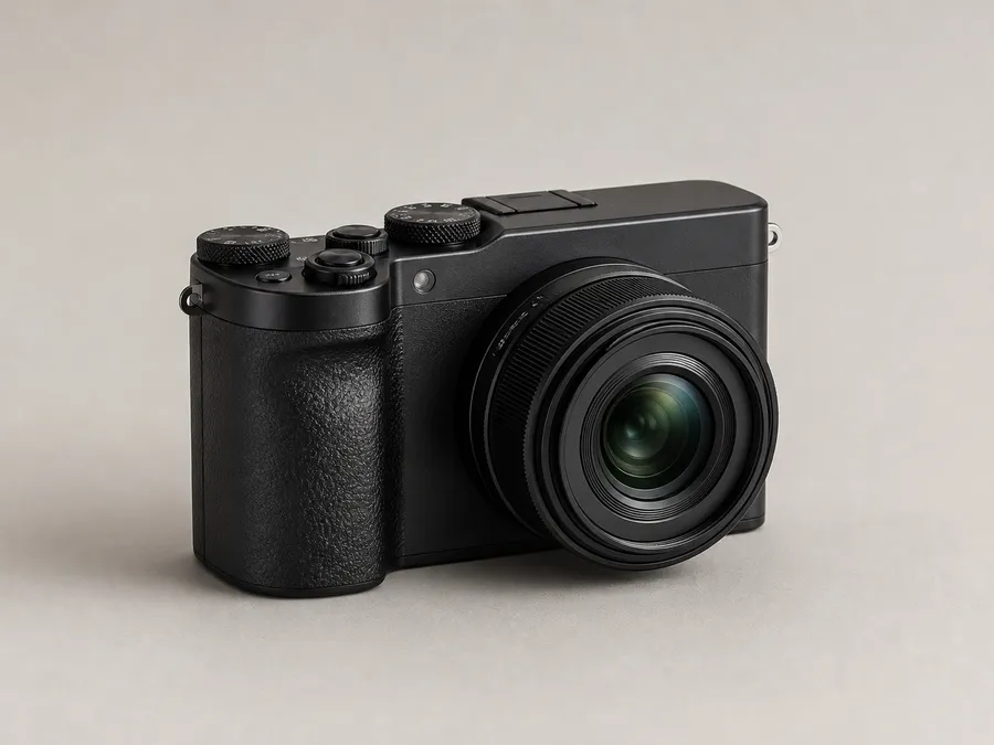 Compact black mirrorless camera with prime lens