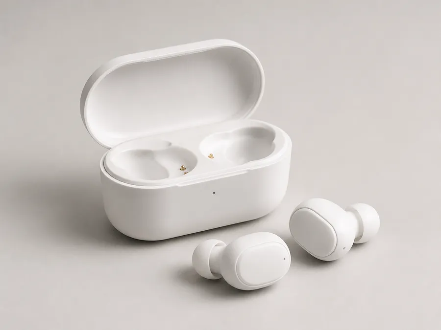 White wireless earbuds with charging case