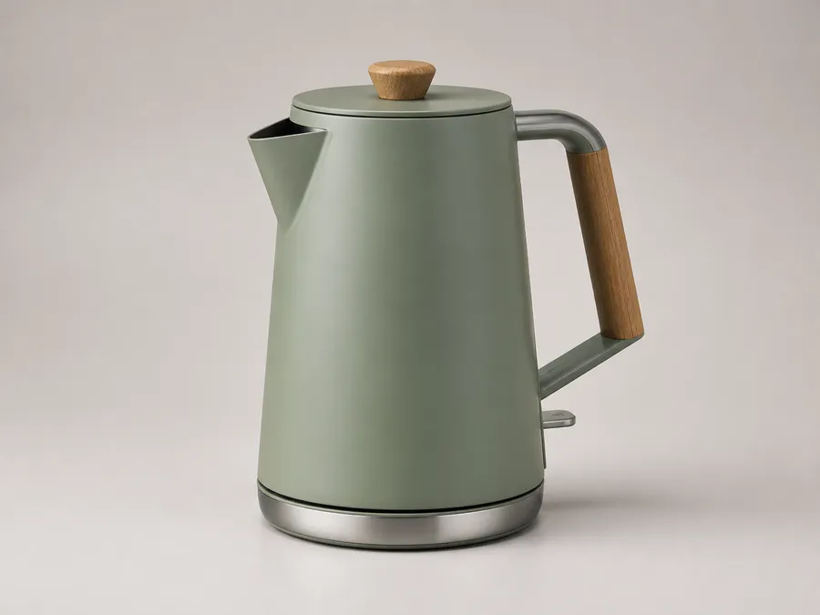 Matte sage-green electric kettle with wood handle