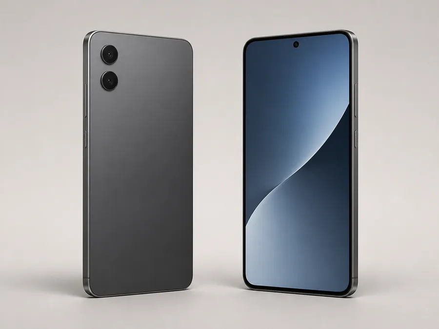 Graphite smartphone shown from front and back