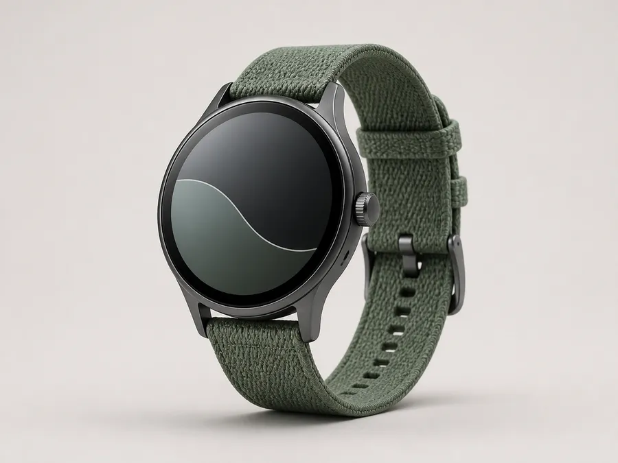 Graphite round smartwatch with green woven strap