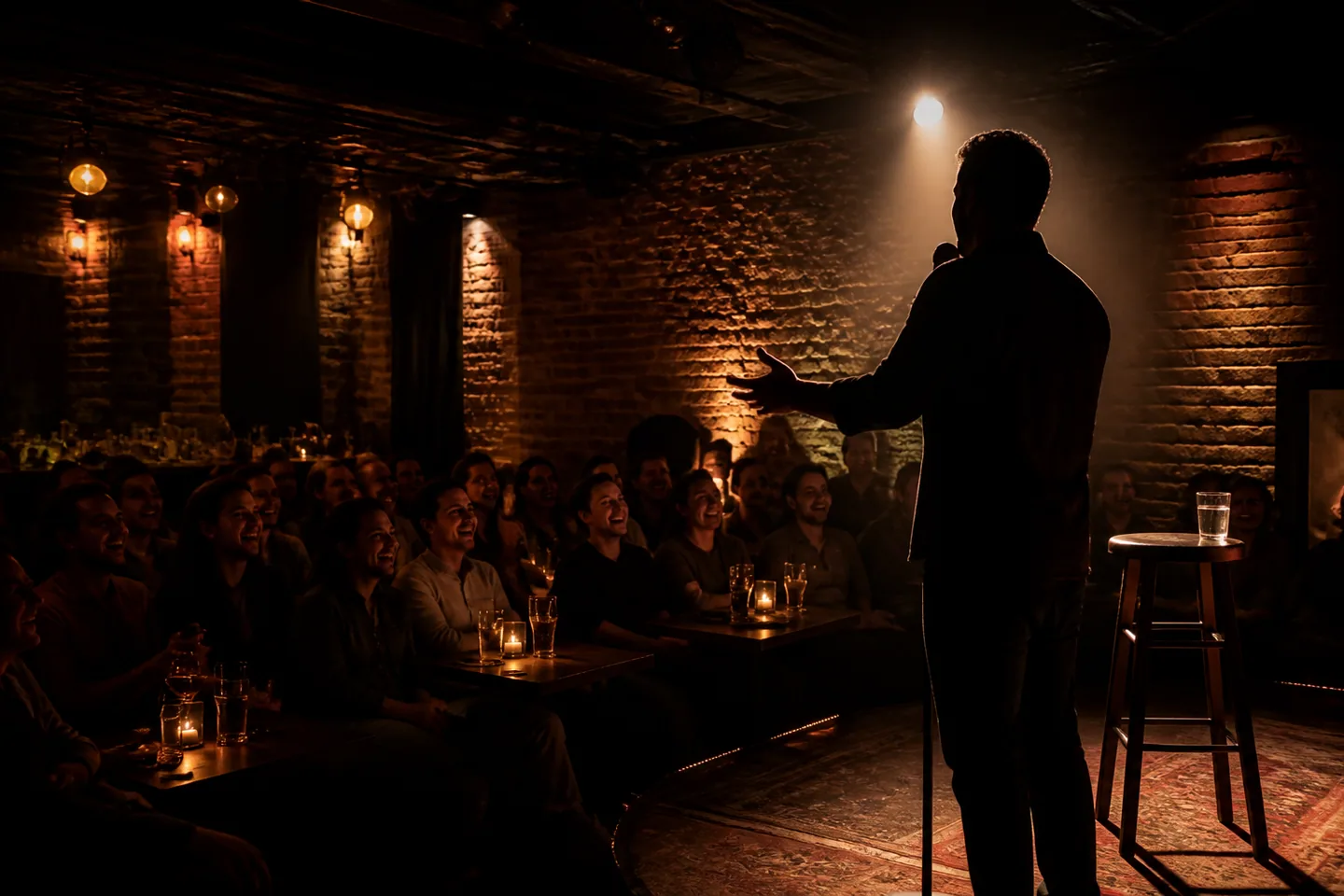 Original stand-up comedy scene in an intimate brick theatre