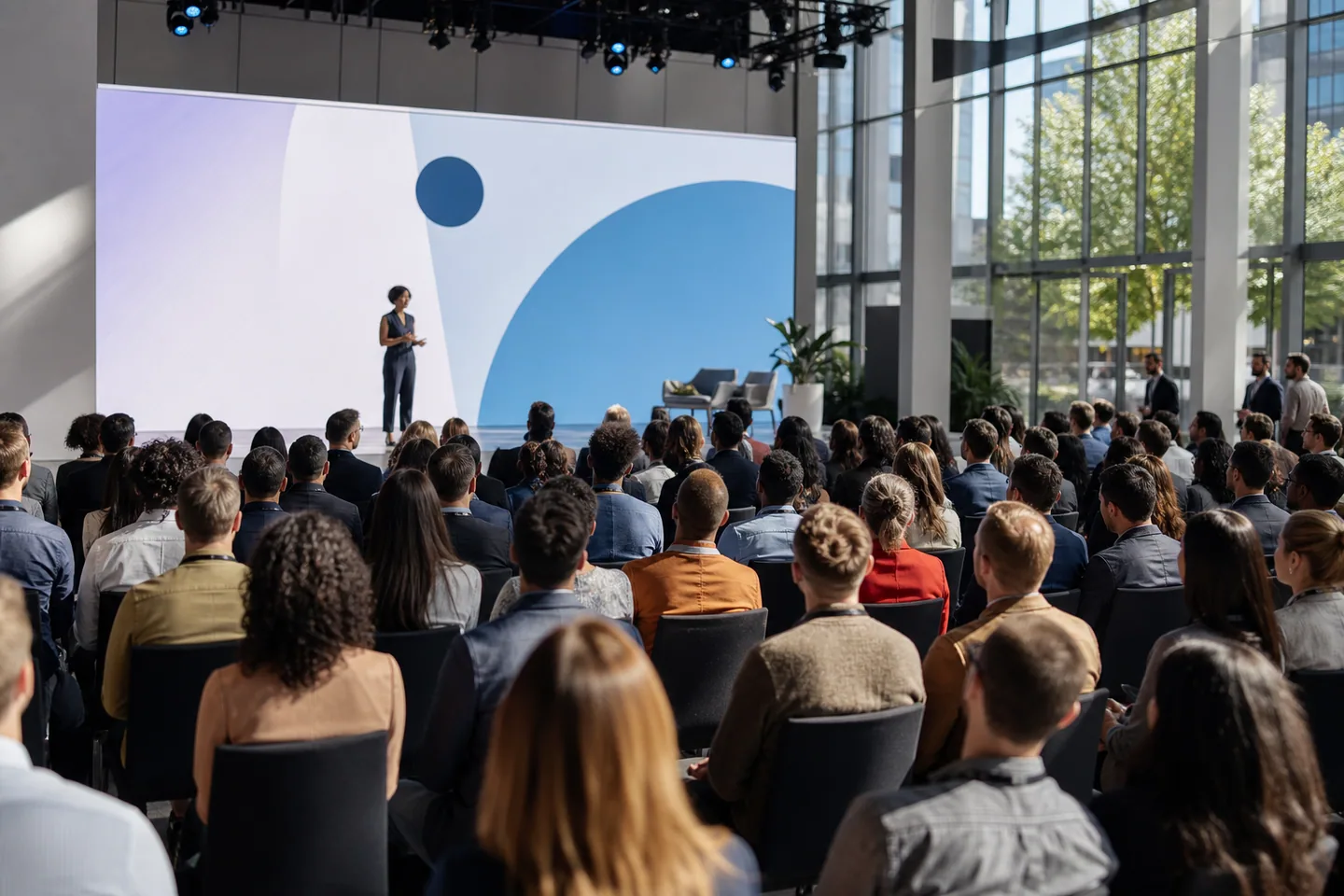 Original modern business conference with abstract unbranded stage graphics