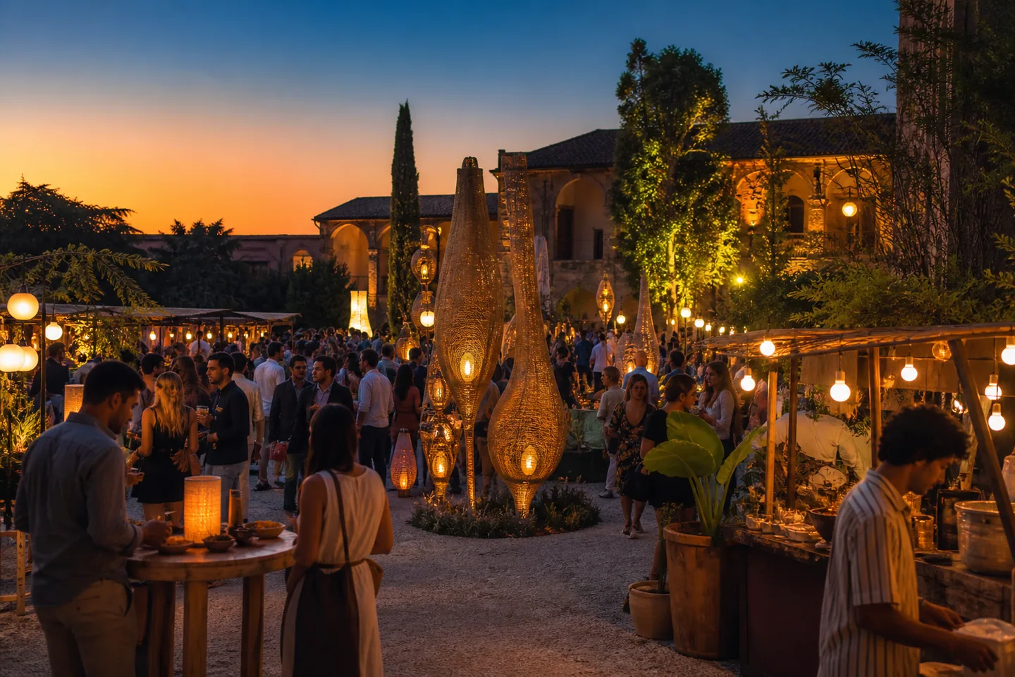 Original sunset arts festival in a garden courtyard