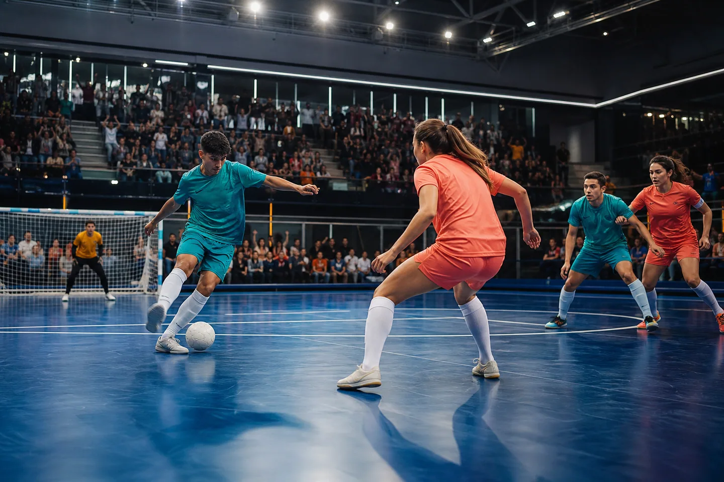 Indoor futsal match in a contemporary arena
