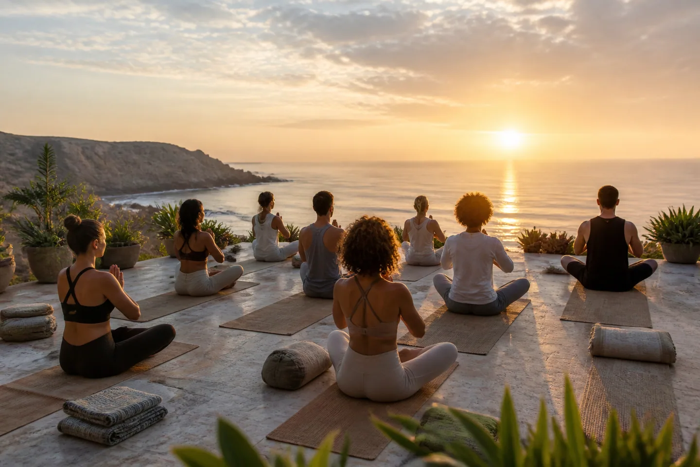 Original sunrise wellness session on a coastal terrace