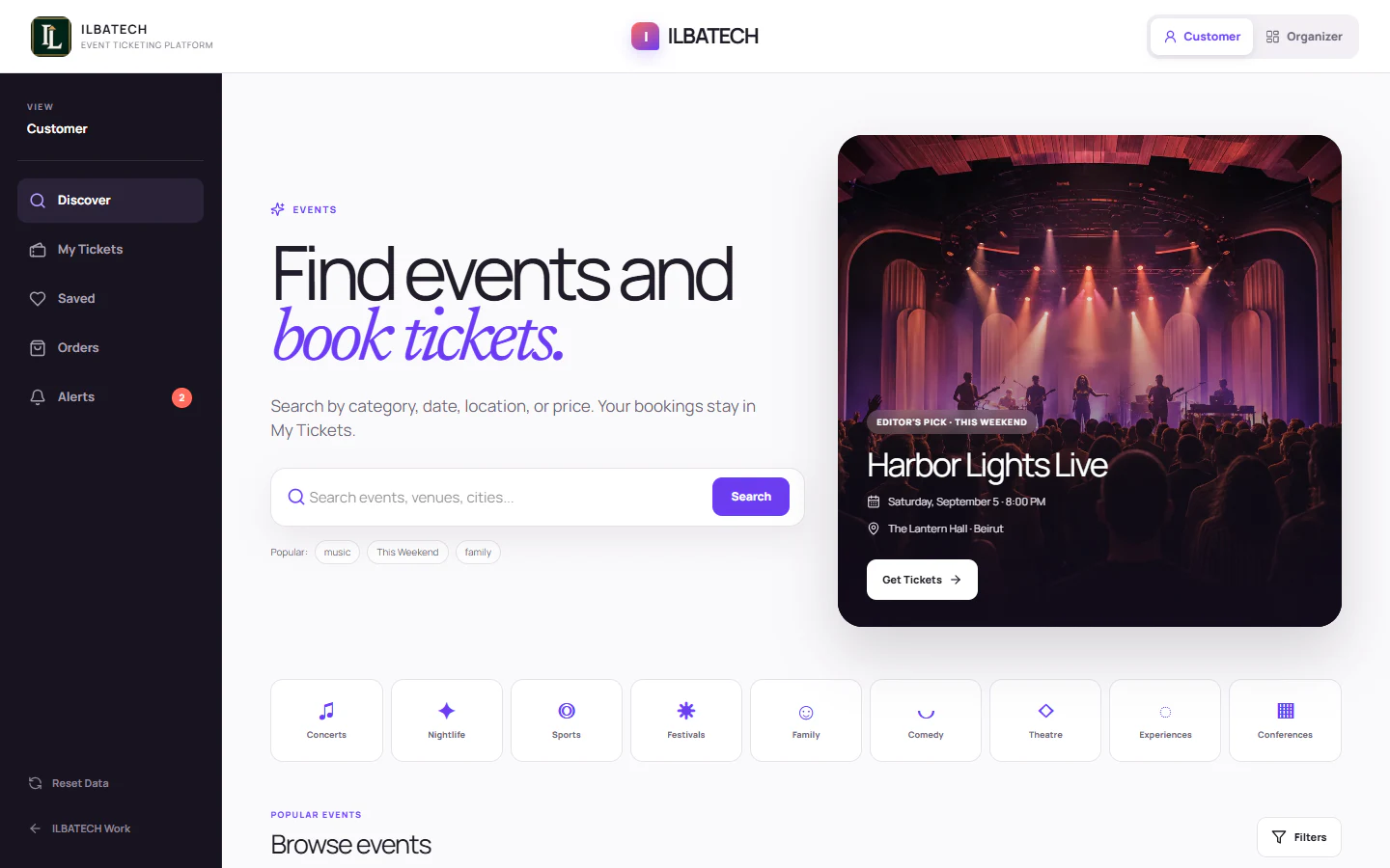 ILBATECH event ticketing platform with event search, featured bookings and customer navigation