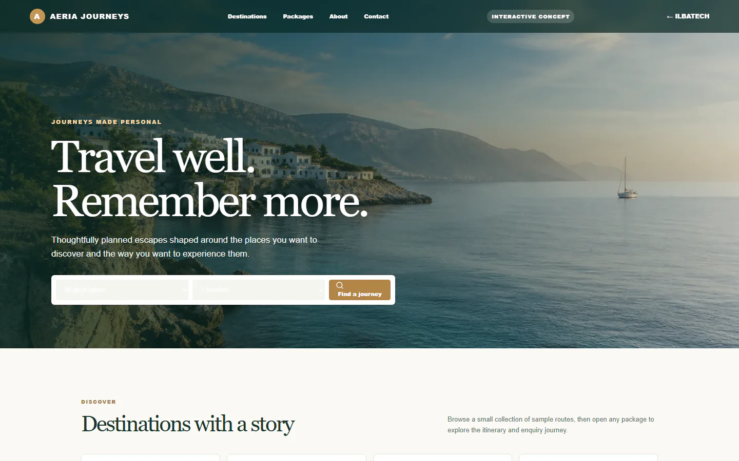 Travel agency website with Mediterranean destination search and package navigation